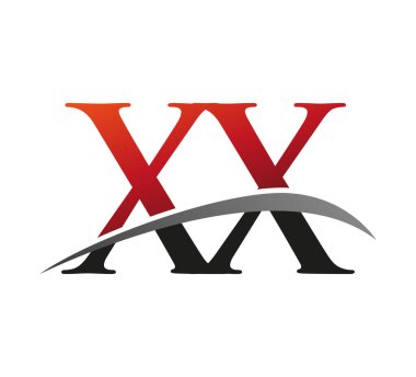 İlk harf XX logotype şirketi adı kırmızı ve siyah swoosh tasarımı. Siyah arkaplanda izole.