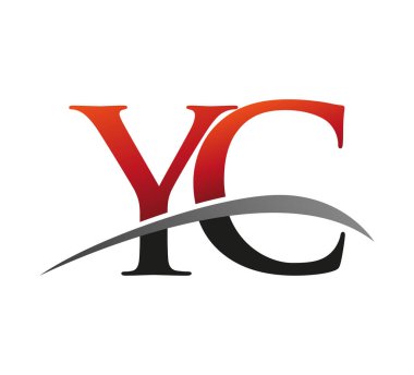 İlk harf YC logotype şirketi. Renkli kırmızı ve siyah Swoosh tasarımı. Siyah arkaplanda izole.