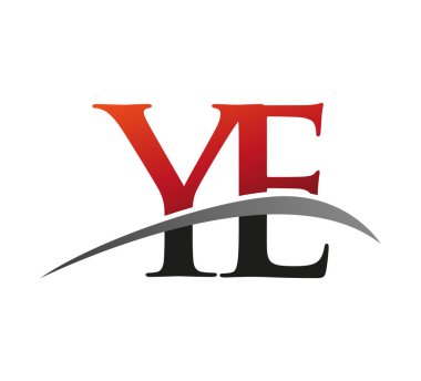 İlk harfi YE logotype şirketi. Renkli kırmızı ve siyah Swoosh tasarımı. Siyah arkaplanda izole.