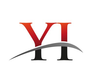 İlk harf YI logotype şirketi adı kırmızı ve siyah Swoosh tasarımı. Siyah arkaplanda izole.