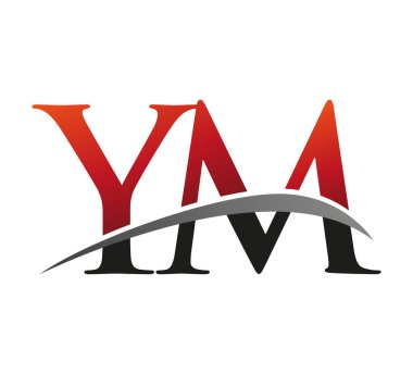İlk harf YM logotype şirketi adı kırmızı ve siyah Swoosh tasarımı. Siyah arkaplanda izole.