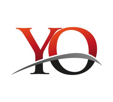 İlk harfi YO logotype şirketi. Renkli kırmızı ve siyah Swoosh tasarımı. Siyah arkaplanda izole.