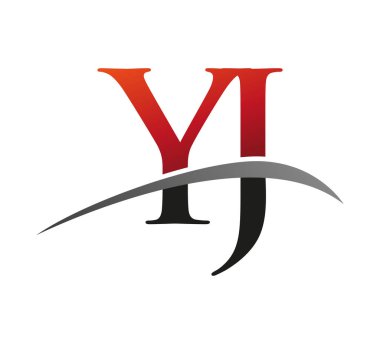 İlk harfi YJ logotype şirketi. Renkli kırmızı ve siyah desenli. Siyah arkaplanda izole.