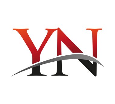 İlk harfi YN logotype şirketi. Renkli kırmızı ve siyah Swoosh tasarımı. Siyah arkaplanda izole.