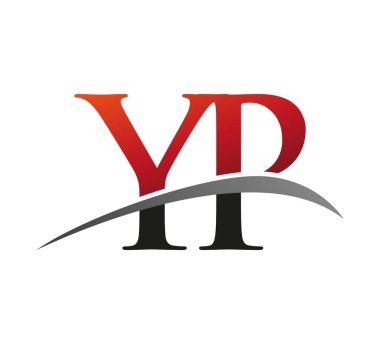 İlk harf YP logotype şirketi. Renkli kırmızı ve siyah Swoosh tasarımı. Siyah arkaplanda izole.