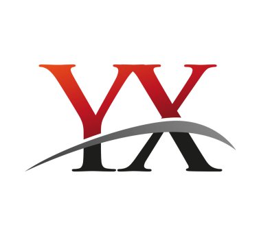 İlk harfi YX logotype şirketi. Renkli kırmızı ve siyah Swoosh tasarımı. Siyah arkaplanda izole.