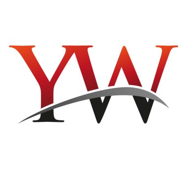 İlk harfi YW logotype şirketi. Renkli kırmızı ve siyah desenli. Siyah arkaplanda izole.