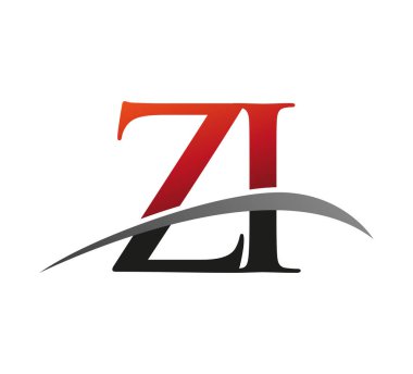 İlk harf ZI logotype şirket adı kırmızı ve siyah swoosh tasarımı. Siyah arkaplanda izole.