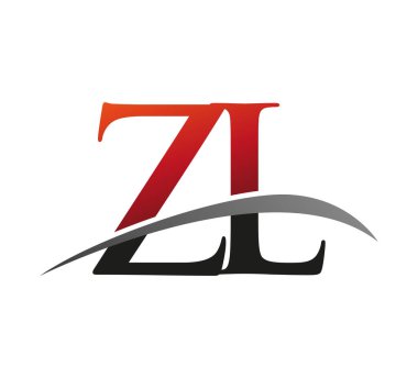 İlk harf ZL logotype şirket adı kırmızı ve siyah swoosh tasarımı. Siyah arkaplanda izole.