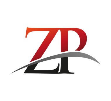 İlk harf ZP logotype şirketi adı kırmızı ve siyah Swoosh tasarımı. Siyah arkaplanda izole.