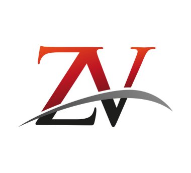 İlk harf ZV logotype şirket adı kırmızı ve siyah swoosh tasarımı. Siyah arkaplanda izole.