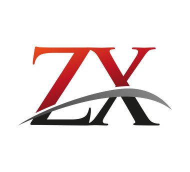 İlk harf ZX logotype şirket adı kırmızı ve siyah swoosh tasarımı. Siyah arkaplanda izole.