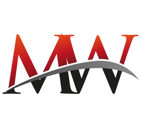 最初的字母Mw标识公司的名称是彩色 红色和黑色的Swoosh设计 在黑色背景上隔离 — 图库矢量图片