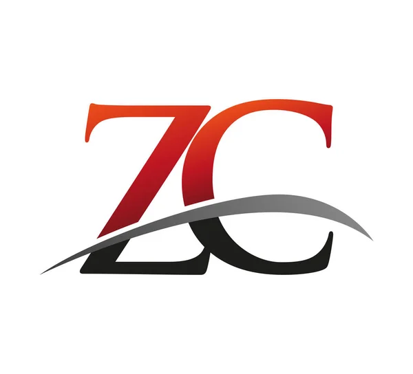 最初的字母Zc标识公司的名称是彩色红色和黑色的Swoosh设计 在黑色背景上隔离 — 图库矢量图片