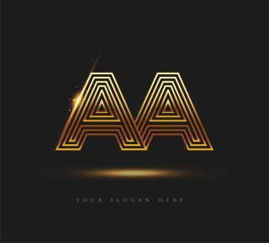 İlk Logo Harfi AA, Kalın Logotype Şirketi İsim Renkli Altın, Zarif Tasarım. Siyah arkaplanda izole.