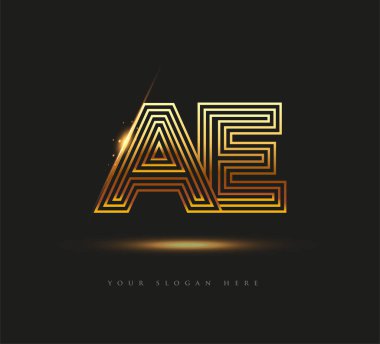 İlk Logo Harfi AE, Kalın Logotype Şirketi Adı Renkli Altın, Zarif Tasarım. Siyah arkaplanda izole.