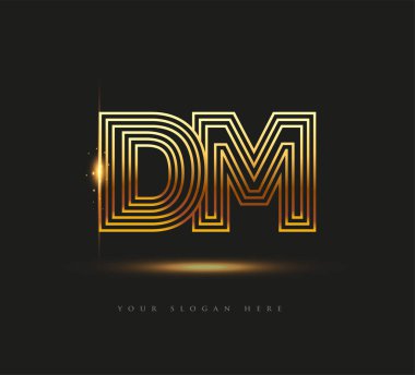 İlk Logo Harfi DM, Kalın Logotype Şirketi Adı Renkli Altın, Zarif Tasarım. Siyah arkaplanda izole.