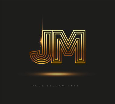 İlk Logo Harfi JM, Kalın Logotype Şirketi Adı Renkli Altın, Zarif Tasarım. Siyah arkaplanda izole.