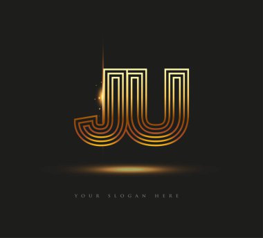 İlk Logo Mektup JU, Kalın Logotype Şirketi Adı Altın Renkli, Zarif Tasarım. Siyah arkaplanda izole.