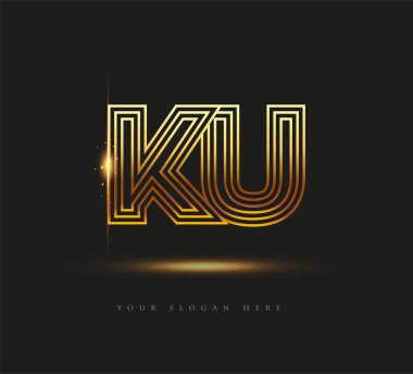 İlk Logo Harfi KU, Kalın Logotype Şirketi Adı Altın Renkli, Zarif Tasarım. Siyah arkaplanda izole.