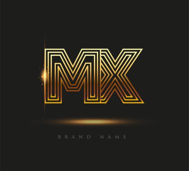 İlk Logo Harfi MX, Kalın Logotype Şirketi Adı Renkli Altın, Zarif Tasarım. Siyah arkaplanda izole.