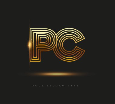 İlk Logo Mektup Bilgisayarı, Kalın Logotype Şirketi Adı Renkli Altın, Zarif Tasarım. Siyah arkaplanda izole.