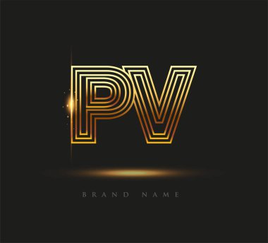 İlk Logo Harfi PV, Kalın Logotype Şirketi Adı Renkli Altın, Zarif Tasarım. Siyah arkaplanda izole.