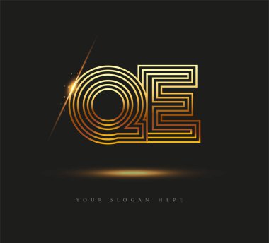 İlk Logo Mektubu QE, Kalın Logotype Şirketi Adı Renkli Altın, Zarif Tasarım. Siyah arkaplanda izole.