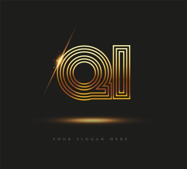 İlk Logo Mektup QI, Kalın Logotype Şirketi Adı Renkli Altın, Zarif Tasarım. Siyah arkaplanda izole.