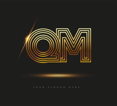 İlk Logo Mektubu QM, Kalın Logotype Şirketi İsim Renkli Altın, Zarif Tasarım. Siyah arkaplanda izole.