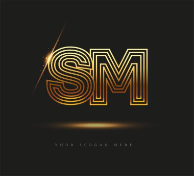 İlk Logo Harfi SM, Kalın Logotype Şirketi Adı Renkli Altın, Zarif Tasarım. Siyah arkaplanda izole.