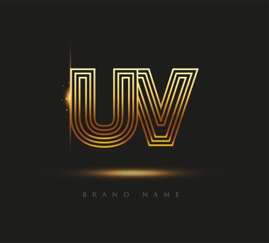 İlk Logo Harfi UV, Kalın Logotype Şirketi Adı Renkli Altın, Zarif Tasarım. Siyah arkaplanda izole.