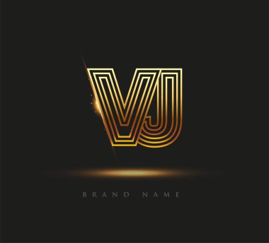İlk Logo Mektubu VJ, Kalın Logotype Şirketi Adı Altın Renkli, Zarif Tasarım. Siyah arkaplanda izole.