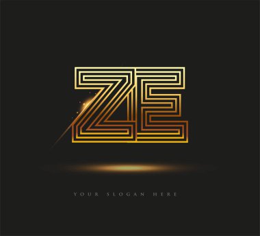İlk Logo Harfi ZE, Kalın Logotype Şirketi Adı Renkli Altın, Zarif Tasarım. Siyah arkaplanda izole.