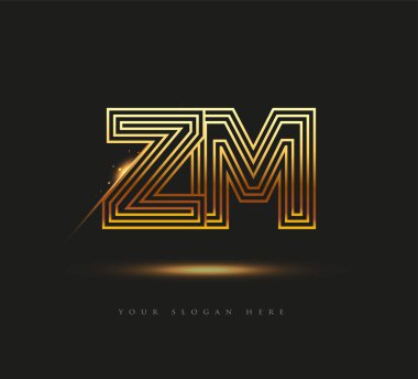 İlk Logo Harfi ZM, Kalın Logotype Şirketi Adı Altın Renkli, Zarif Tasarım. Siyah arkaplanda izole.