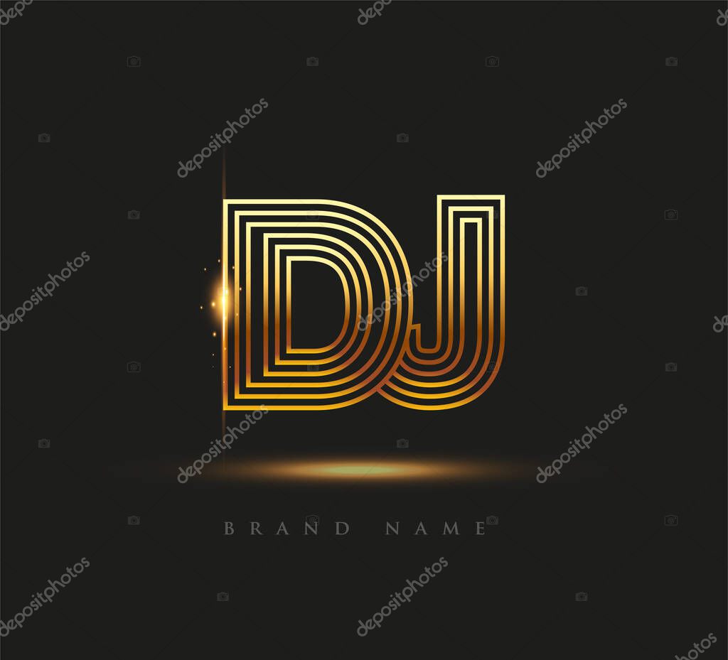 Initial Logo Letter DJ, Bold Logotype Company Name Colored Gold, Elegant Design. isolated on black background.