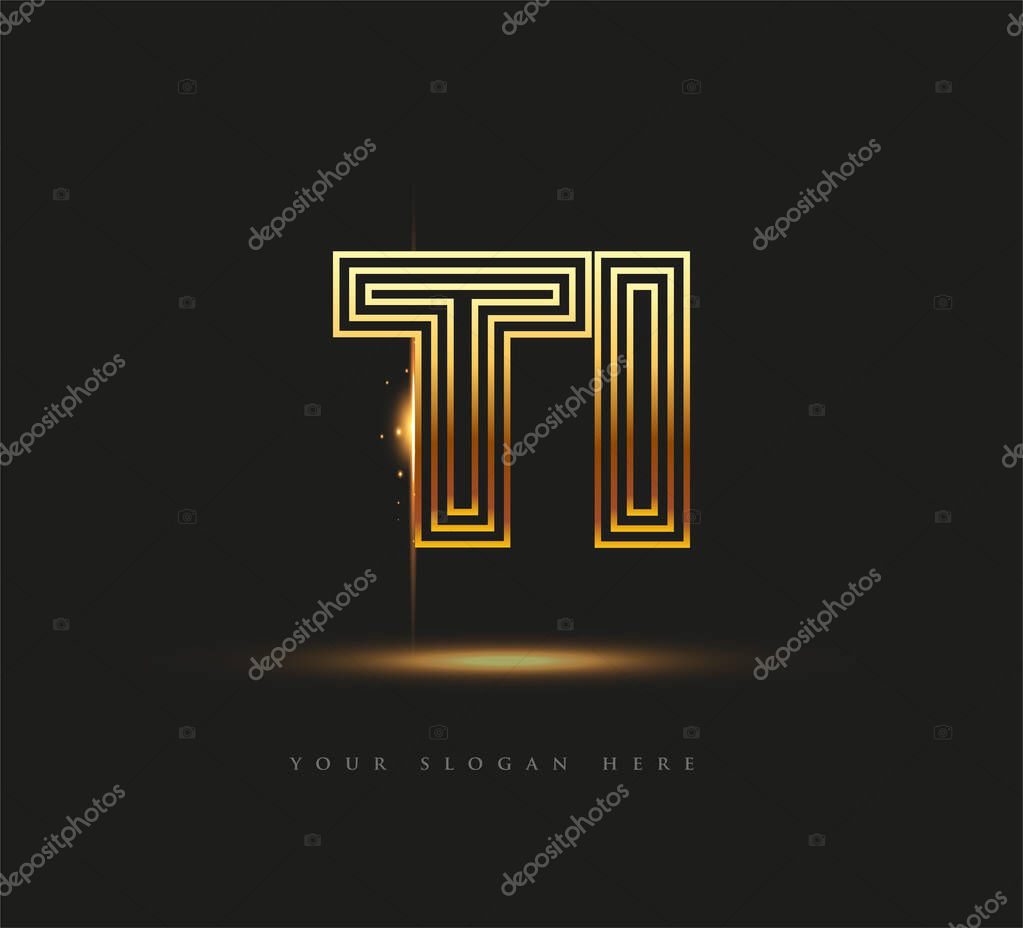 Initial Logo Letter TI, Bold Logotype Company Name Colored Gold, Elegant Design. isolated on black background.