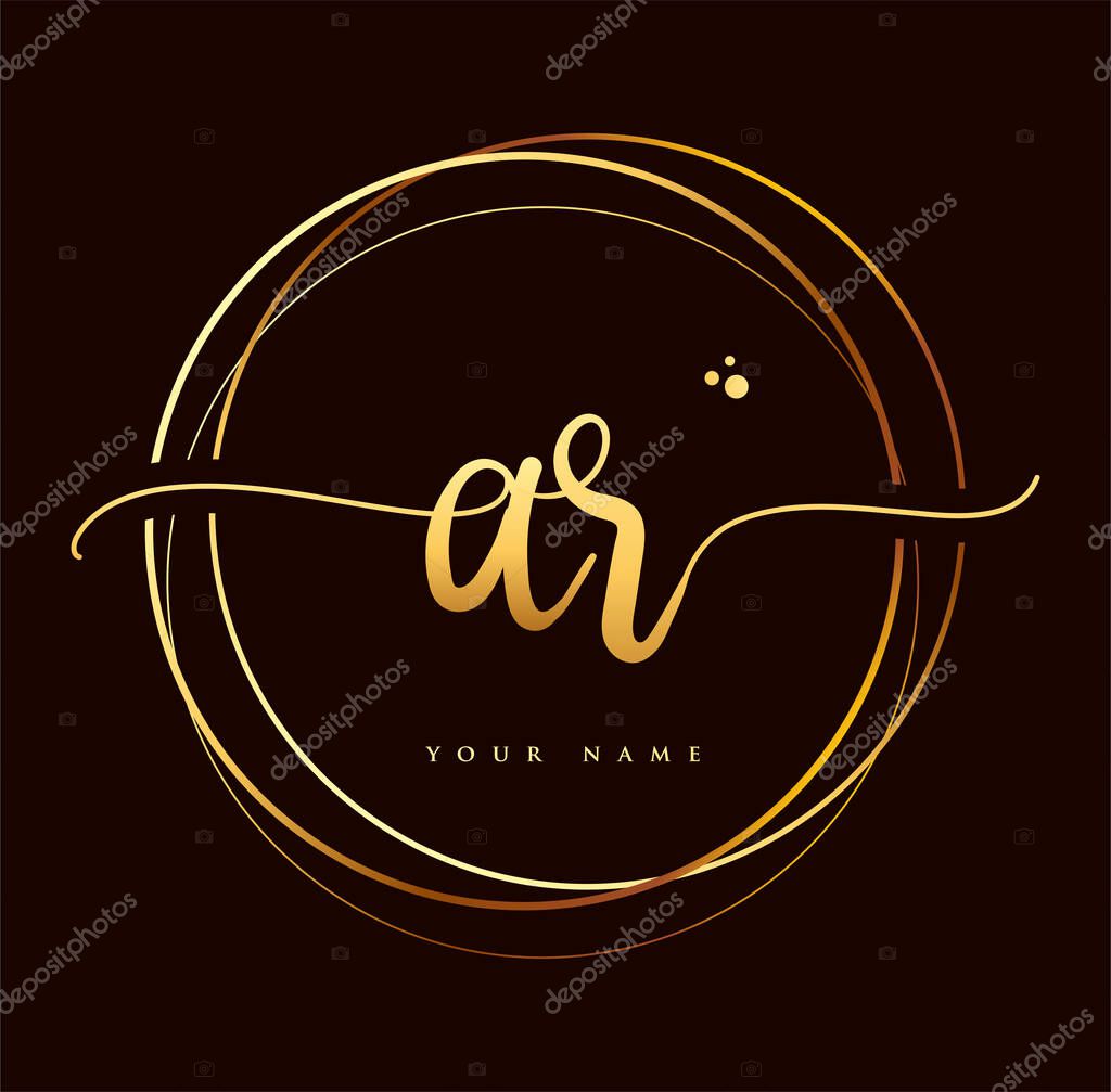 AR Initial handwriting logo golden color. Hand lettering Initials logo branding, Feminine and luxury logo design isolated on black background.