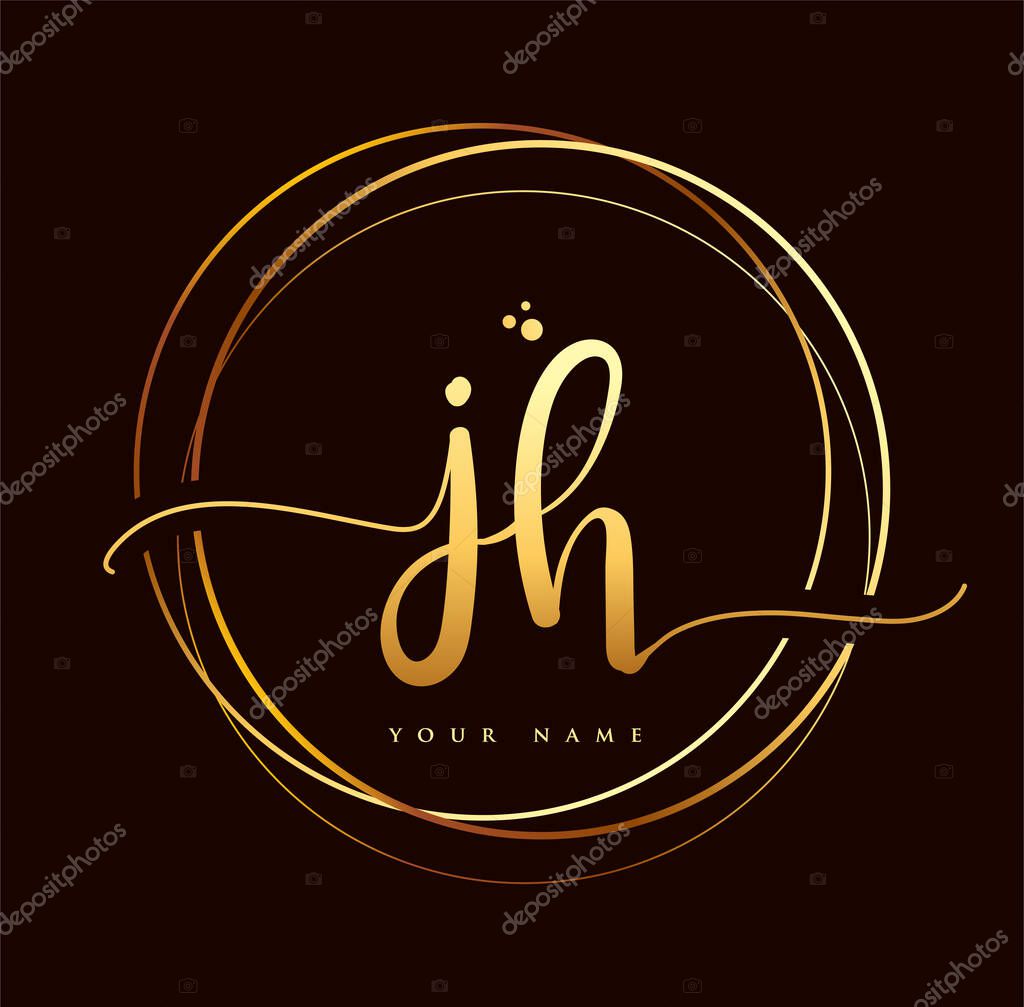 JH Initial handwriting logo golden color. Hand lettering Initials logo branding, Feminine and luxury logo design isolated on black background.
