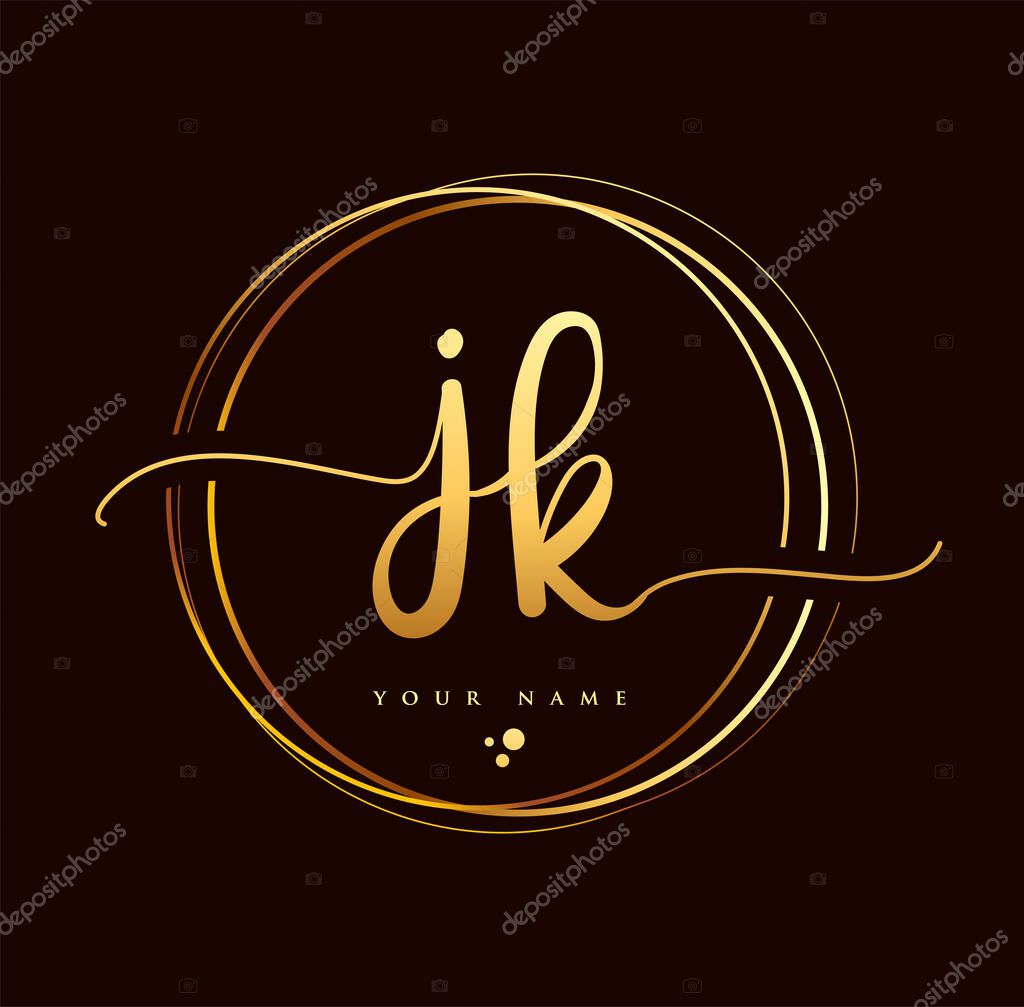 JK Initial handwriting logo golden color. Hand lettering Initials logo branding, Feminine and luxury logo design isolated on black background.