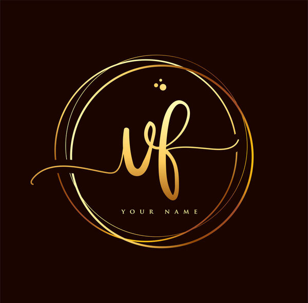 VF Initial handwriting logo golden color. Hand lettering Initials logo branding, Feminine and luxury logo design isolated on black background.