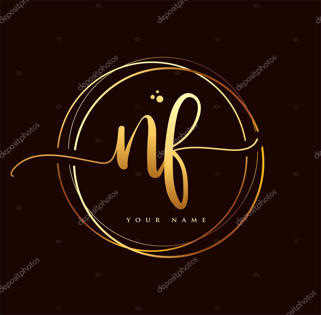 NF Initial handwriting logo golden color. Hand lettering Initials logo branding, Feminine and luxury logo design isolated on black background.