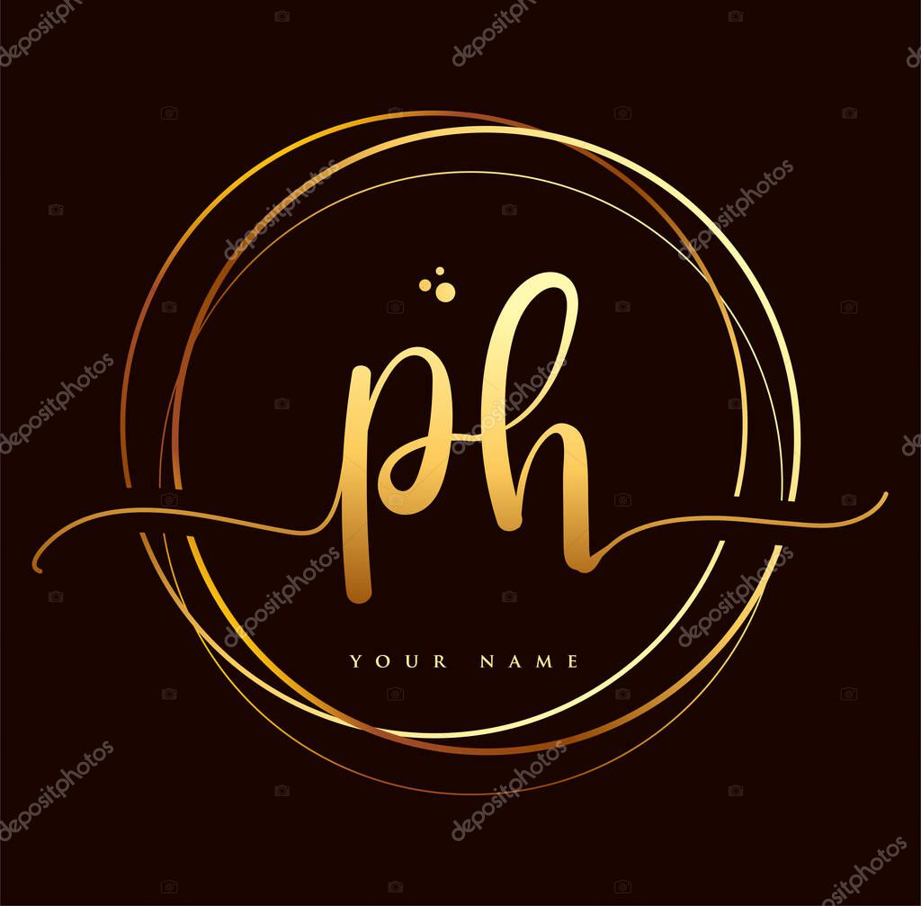 PH Initial handwriting logo golden color. Hand lettering Initials logo branding, Feminine and luxury logo design isolated on black background.