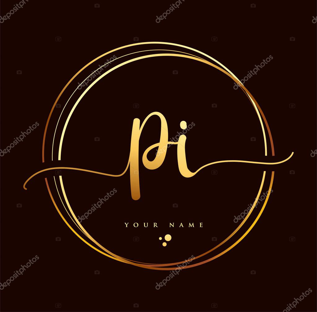 PI Initial handwriting logo golden color. Hand lettering Initials logo branding, Feminine and luxury logo design isolated on black background.