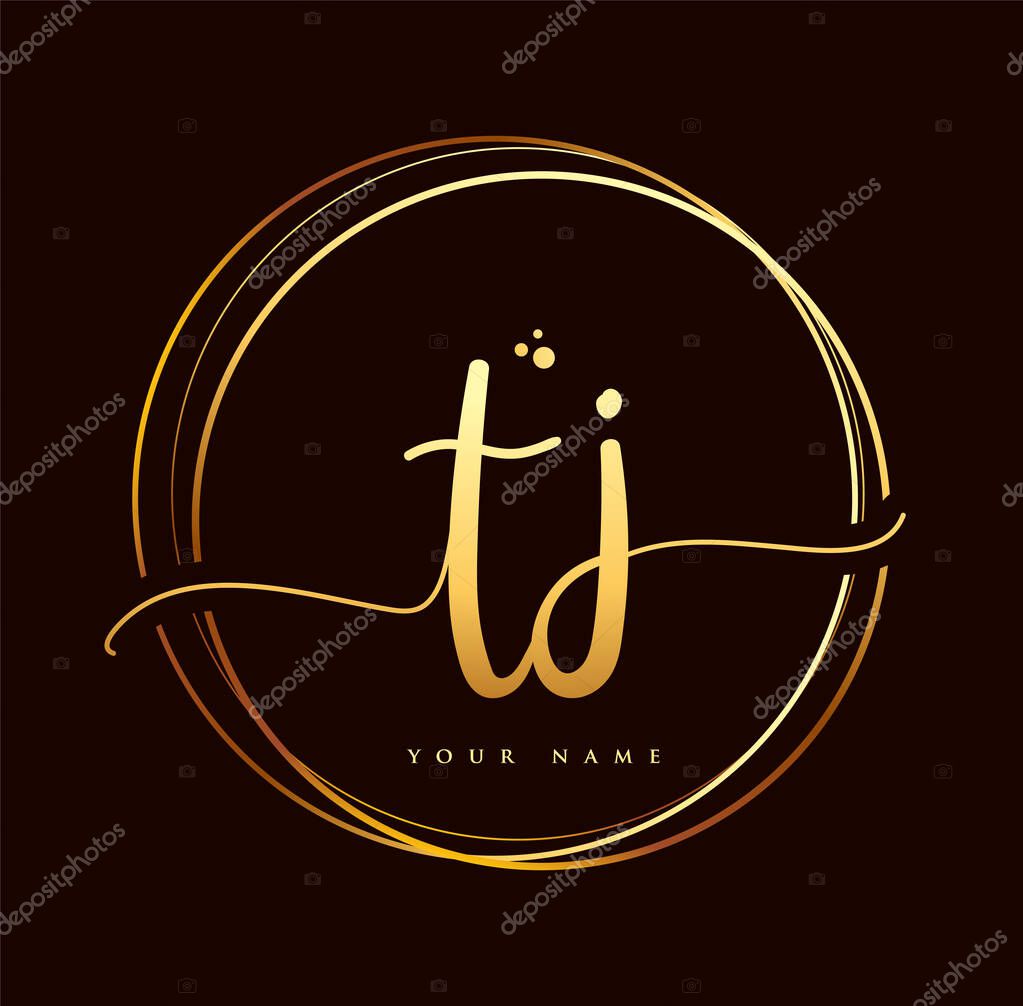 TJ Initial handwriting logo golden color. Hand lettering Initials logo branding, Feminine and luxury logo design isolated on black background.