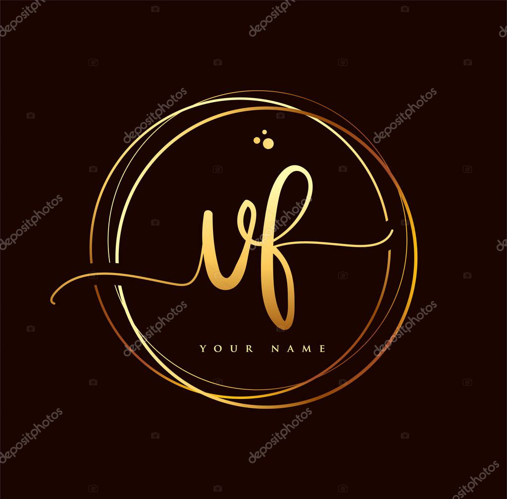 VF Initial handwriting logo golden color. Hand lettering Initials logo branding, Feminine and luxury logo design isolated on black background.