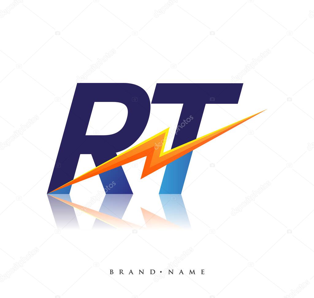 Letter RT logo with Lightning icon, letter combination Power Energy Logo design for Creative Power ideas, web, business and company.