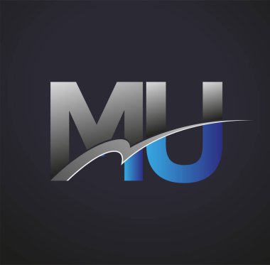 İlk harfi MU logotype şirketinin adı mavi ve gri renkli desenli. iş ve şirket kimliği için vektör logosu.