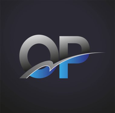 İlk harfi OP logotype şirketinin adı mavi ve gri renkli desenli. iş ve şirket kimliği için vektör logosu.
