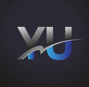 İlk harfi Yu logotype şirketinin adı mavi ve gri desenli. iş ve şirket kimliği için vektör logosu.